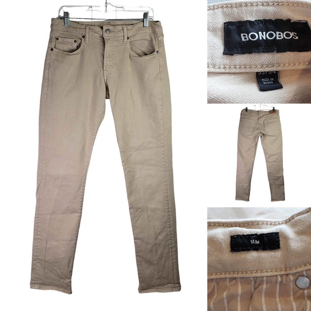 Bonobos Pants Mens Beige Tan Cotton Stretch Slim Golf Khakis Chino Slacks 34x33